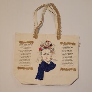 Artsy Unique Frida Kahlo Canvas Tote Bag w/ Beads & Scarf Accents